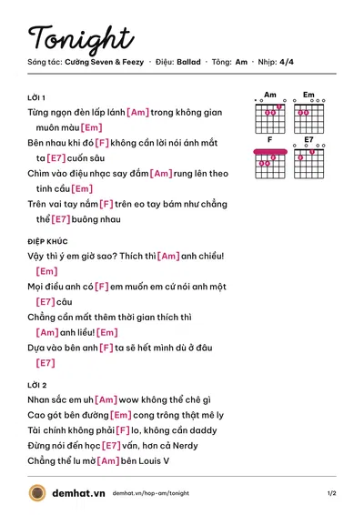Hợp âm Tonight (Feezy) – bản nhạc PDF trang 1, tông Am