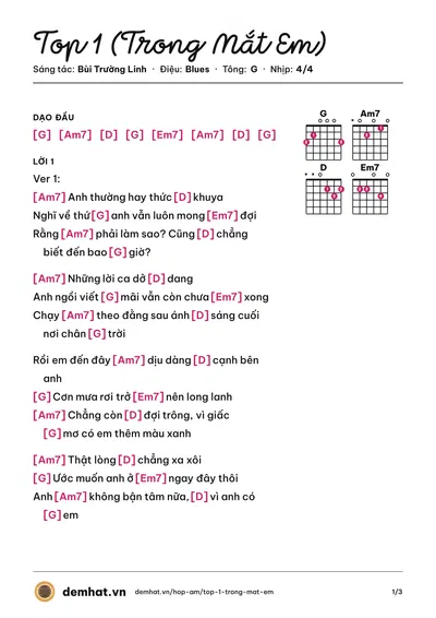 Hợp âm Top 1 (Trong Mắt Em) (Bùi Trường Linh) – bản nhạc PDF trang 1, tông G