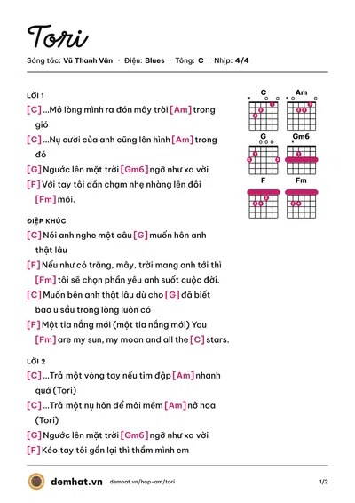 Hợp âm Tori (Vũ Thanh Vân) – bản nhạc PDF trang 1, tông C