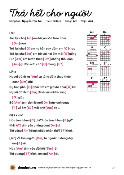 Hợp âm Trả hết cho người (Khang Lê) – bản nhạc PDF trang 1, tông Am