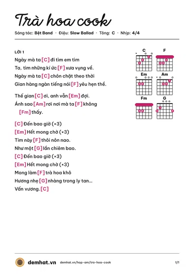 Hợp âm Trà hoa cook (Bệt Band) – bản nhạc PDF trang 1, tông C