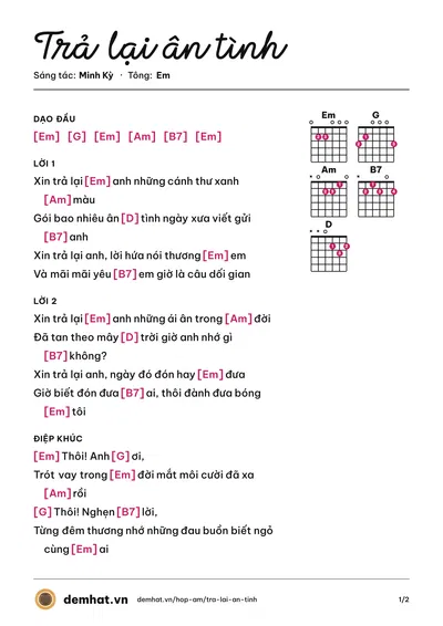 Hợp âm Trả lại ân tình (Trúc Mai (trước 75)) – bản nhạc PDF trang 1, tông Em