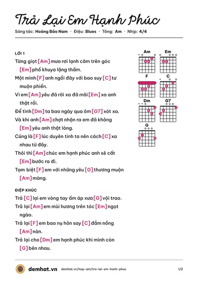 Hợp âm Trả Lại Em Hạnh Phúc (Minh Vương) – bản nhạc PDF trang 1, tông Am