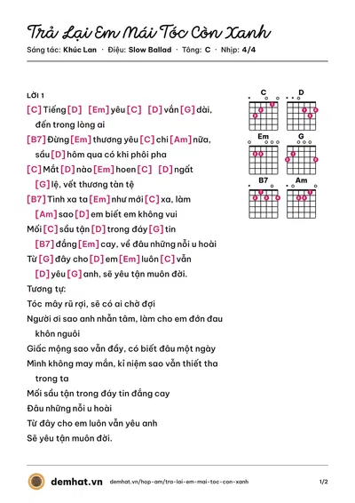 Hợp âm Trả Lại Em Mái Tóc Còn Xanh (Ngọc Hương) – bản nhạc PDF trang 1, tông C