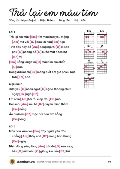 Hợp âm Trả lại em màu tím (Hà Thanh Xuân) – bản nhạc PDF trang 1, tông Em