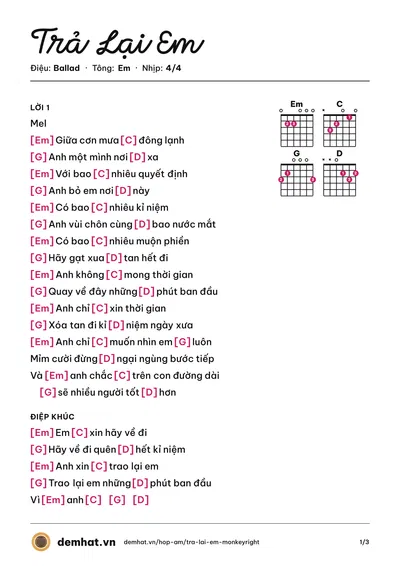 Hợp âm Trả Lại Em (Monkeyright) – bản nhạc PDF trang 1, tông Em