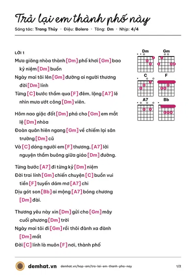 Hợp âm Trả lại em thành phố này (Mạnh Quỳnh) – bản nhạc PDF trang 1, tông Dm