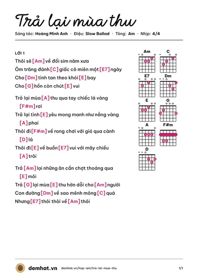 Hợp âm Trả lại mùa thu (Hoàng Minh Anh) – bản nhạc PDF trang 1, tông Am