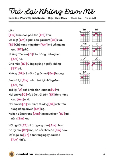 Hợp âm Trả Lại Những Đam Mê (Sao Mai) – bản nhạc PDF trang 1, tông Em