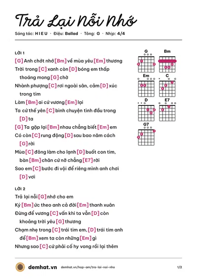 Hợp âm Trả Lại Nỗi Nhớ (H I E U) – bản nhạc PDF trang 1, tông G