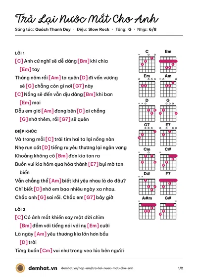 Hợp âm Trả Lại Nước Mắt Cho Anh (Lê Bật Thành) – bản nhạc PDF trang 1, tông G