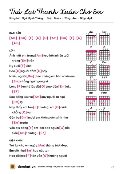 Hợp âm Trả Lại Thanh Xuân Cho Em (H2K) – bản nhạc PDF trang 1, tông Am