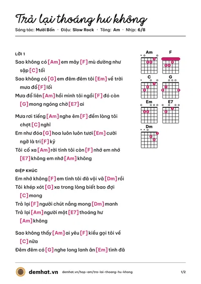 Hợp âm Trả lại thoáng hư không (Thành Kelvin) – bản nhạc PDF trang 1, tông Am