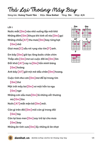 Hợp âm Trả Lại Thoáng Mây Bay (Elvis Phương) – bản nhạc PDF trang 1, tông Dm