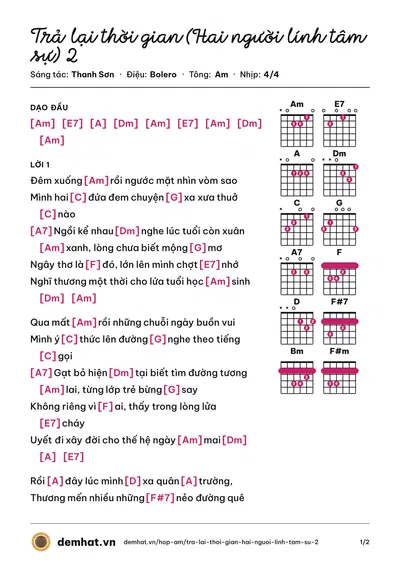 Hợp âm Trả lại thời gian (Hai người lính tâm sự) 2 (Khắc Trung) – bản nhạc PDF trang 1, tông Am
