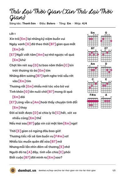 Hợp âm Trả Lại Thời Gian (Xin Trả Lại Thời Gian) (Đông Đào) – bản nhạc PDF trang 1, tông Em