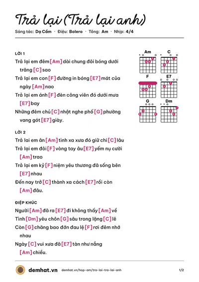 Hợp âm Trả lại (Trả lại anh) (Thái Châu) – bản nhạc PDF trang 1, tông Am