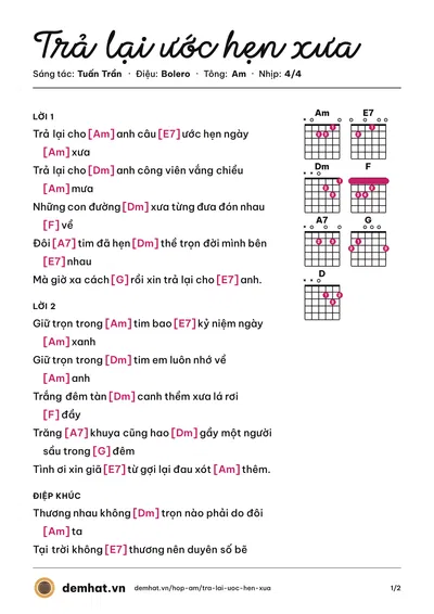 Hợp âm Trả lại ước hẹn xưa (Thơ Nguyễn) – bản nhạc PDF trang 1, tông Am