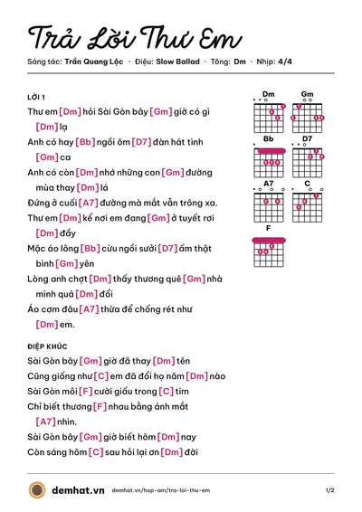 Hợp âm Trả Lời Thư Em (Quang Lê) – bản nhạc PDF trang 1, tông Dm