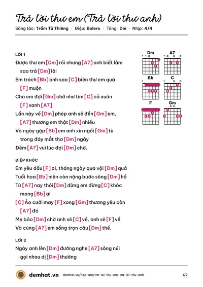 Hợp âm Trả lời thư em (Trả lời thư anh) (Duy Khánh) – bản nhạc PDF trang 1, tông Dm