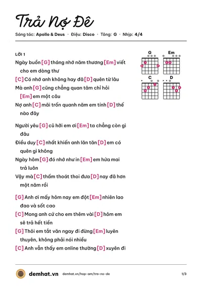 Hợp âm Trả Nợ Đê (Deus) – bản nhạc PDF trang 1, tông G
