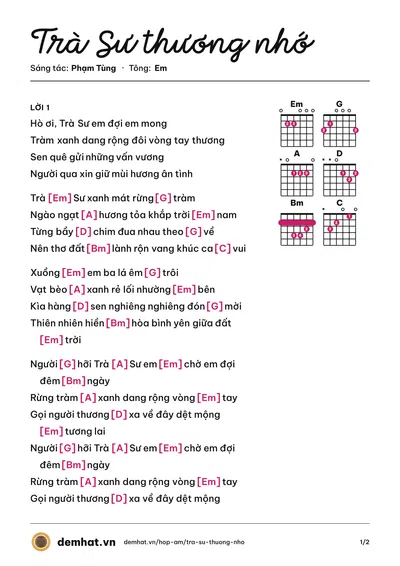Hợp âm Trà Sư thương nhớ (Thùy An) – bản nhạc PDF trang 1, tông Em