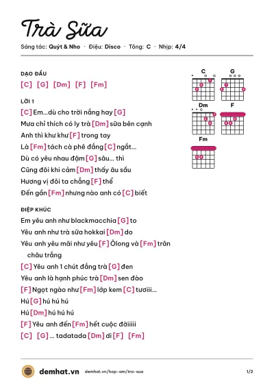 Hợp âm Trà Sữa (Nho) – bản nhạc PDF trang 1, tông C