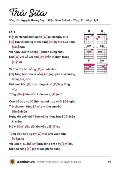 Hợp âm Trà Sữa (Bảo Thy) – bản nhạc PDF trang 1, tông C