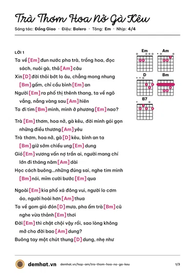 Hợp âm Trà Thơm Hoa Nở Gà Kêu (Đồng Giao) – bản nhạc PDF trang 1, tông Em