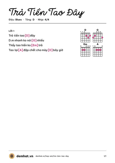 Hợp âm Trả Tiền Tao Đây (Quân Keyboard) – bản nhạc PDF trang 1, tông D