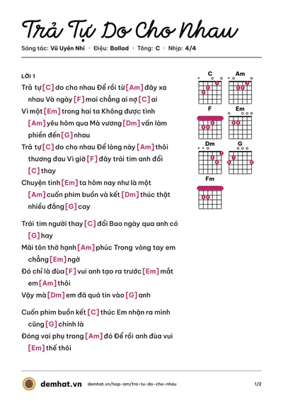 Hợp âm Trả Tự Do Cho Nhau (Vũ Uyên Nhi) – bản nhạc PDF trang 1, tông C