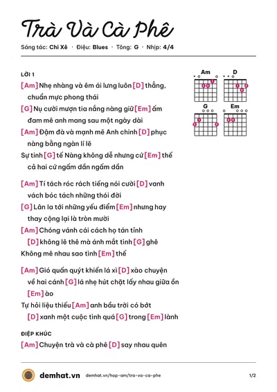 Hợp âm Trà Và Cà Phê (Chi Xê) – bản nhạc PDF trang 1, tông G