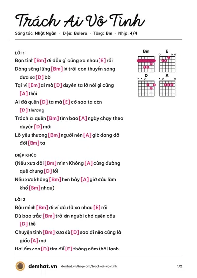 Hợp âm Trách Ai Vô Tình (Giáng Tiên) – bản nhạc PDF trang 1, tông Bm
