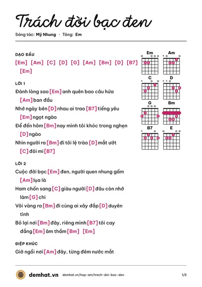 Hợp âm Trách đời bạc đen (Mỹ Nhung) – bản nhạc PDF trang 1, tông Em