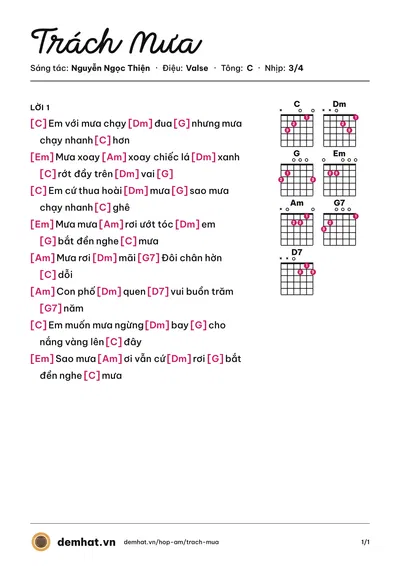 Hợp âm Trách Mưa (Diễm Quyên) – bản nhạc PDF trang 1, tông C