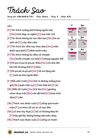 Hợp âm Trách Sao (Kiên Bưởi) – bản nhạc PDF trang 1, tông F