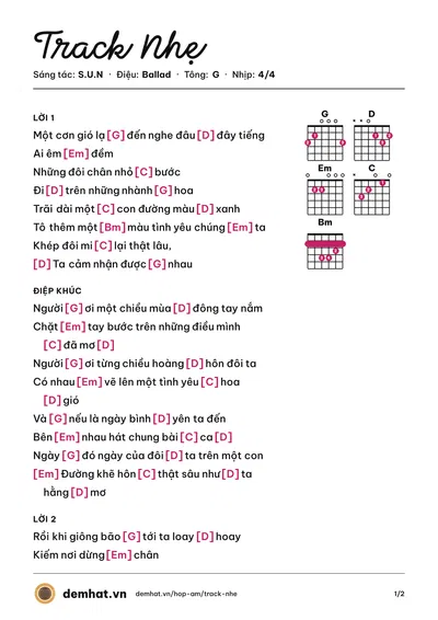 Hợp âm Track Nhẹ (S.U.N) – bản nhạc PDF trang 1, tông G