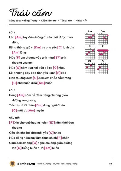 Hợp âm Trái cấm (Hoàng Trang) – bản nhạc PDF trang 1, tông Am