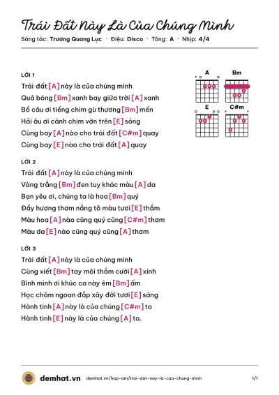 Hợp âm Trái Đất Này Là Của Chúng Mình (Trương Quang Lục) – bản nhạc PDF trang 1, tông A