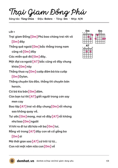 Hợp âm Trại Giam Đồng Phú (Tùng Chùa) – bản nhạc PDF trang 1, tông Dm