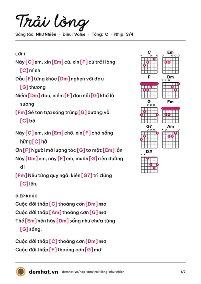 Hợp âm Trải lòng (Kim Thư) – bản nhạc PDF trang 1, tông C