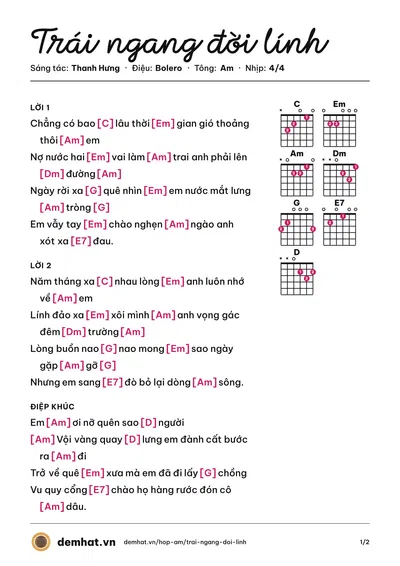 Hợp âm Trái ngang đời lính (Thanh Hưng) – bản nhạc PDF trang 1, tông Am