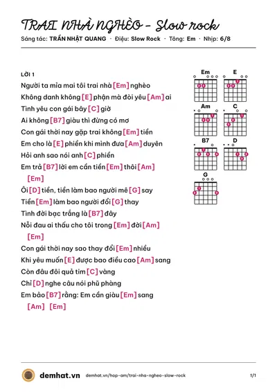 Hợp âm TRAI NHÀ NGHÈO - Slow rock (TRẦN NHẬT QUANG) – bản nhạc PDF trang 1, tông Em