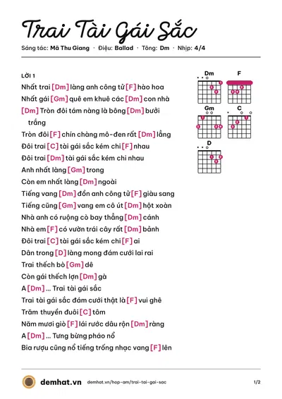 Hợp âm Trai Tài Gái Sắc (Cẩm Ly) – bản nhạc PDF trang 1, tông Dm