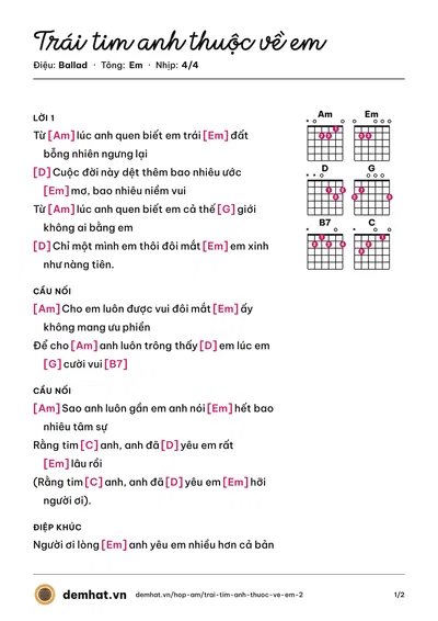 Hợp âm Trái tim anh thuộc về em – bản nhạc PDF trang 1, tông Em