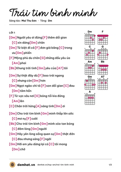 Hợp âm Trái tim bình minh (Đoàn Việt Phương) – bản nhạc PDF trang 1, tông Dm