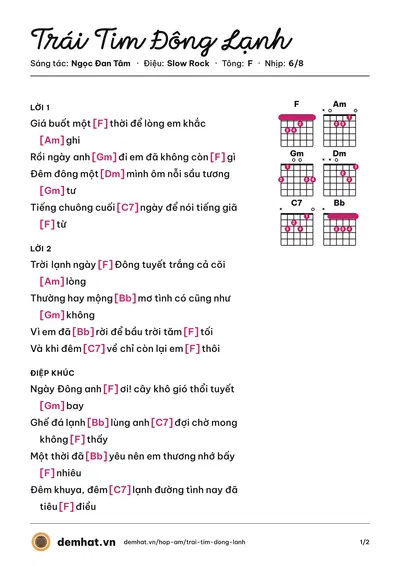 Hợp âm Trái Tim Đông Lạnh (Thúy Hương) – bản nhạc PDF trang 1, tông F