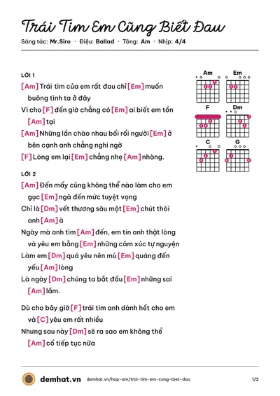 Hợp âm Trái Tim Em Cũng Biết Đau (Bảo Anh) – bản nhạc PDF trang 1, tông Am