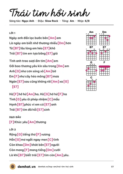 Hợp âm Trái tim hồi sinh (Nguyễn Hồng Nhung) – bản nhạc PDF trang 1, tông Am