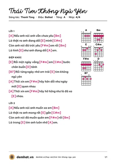 Hợp âm Trái Tim Không Ngủ Yên (Bằng Kiều) – bản nhạc PDF trang 1, tông A